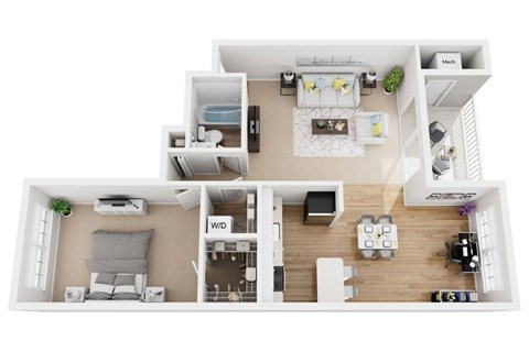 Floor plan for 1 bed, 1 bath, 859 sqft